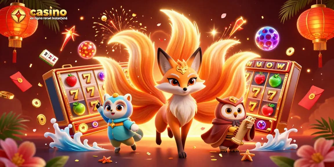 Illustration d'un casino en ligne retrait instantané avec un renard à neuf queues et des éléments de jeu colorés.