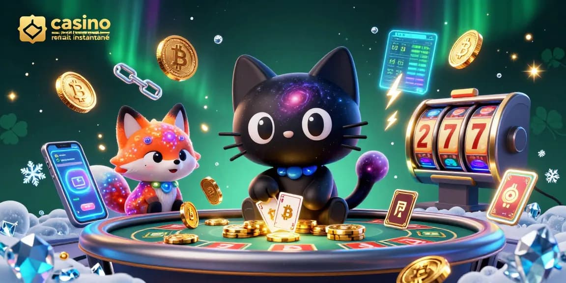 Un chat noir de casino en ligne retrait instantané entouré de jetons dorés et de symboles de jeu, illustration vibrante.