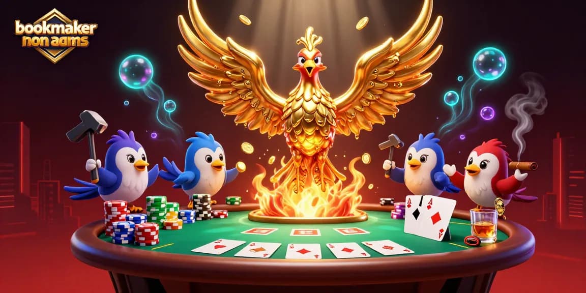 Una scena dinamica di bookmaker non AAMS con un pavone d'oro e tavoli da gioco pieni di chip e carte.