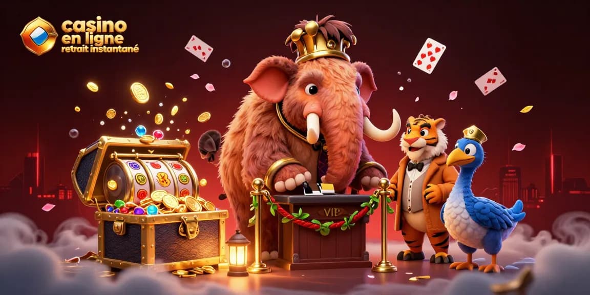 casino en ligne retrait instantané : animation d'un mammouth bouncer et d'un VIP dans un casino vibrant