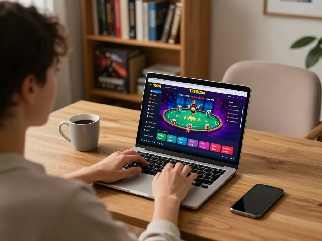 Playing online baccarat at TR88 com in a cozy home setup with vibrant game interface displayed