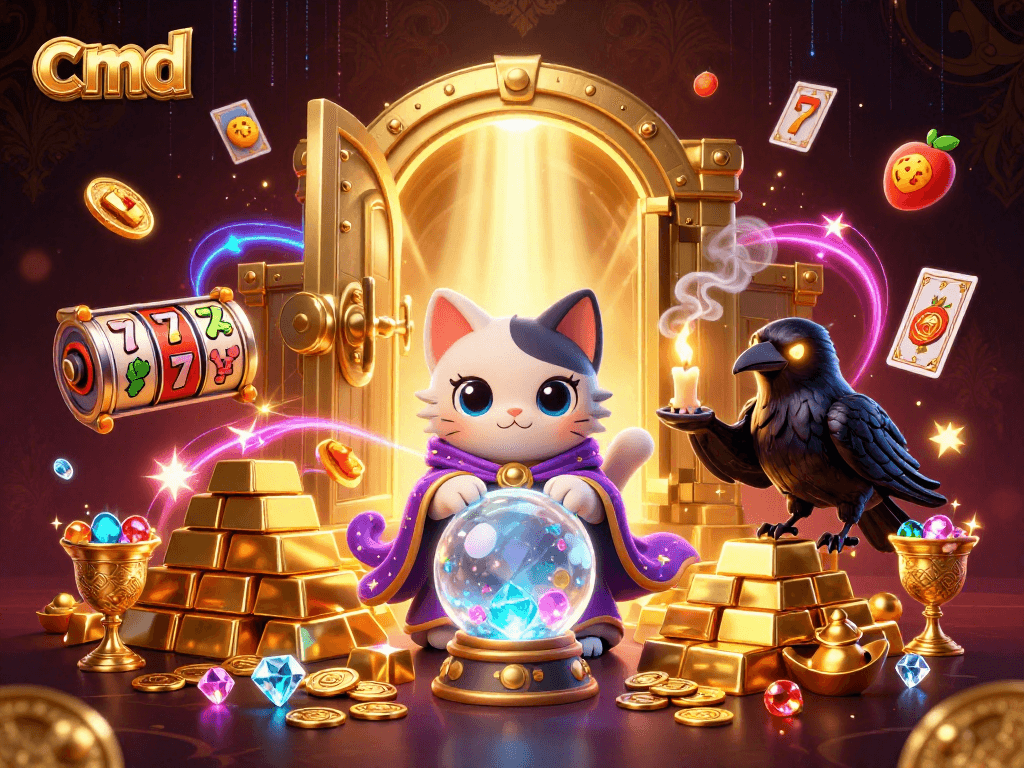 Spin the reels with cmd as the mystic cat, raven, and flames illuminate the casino scene.