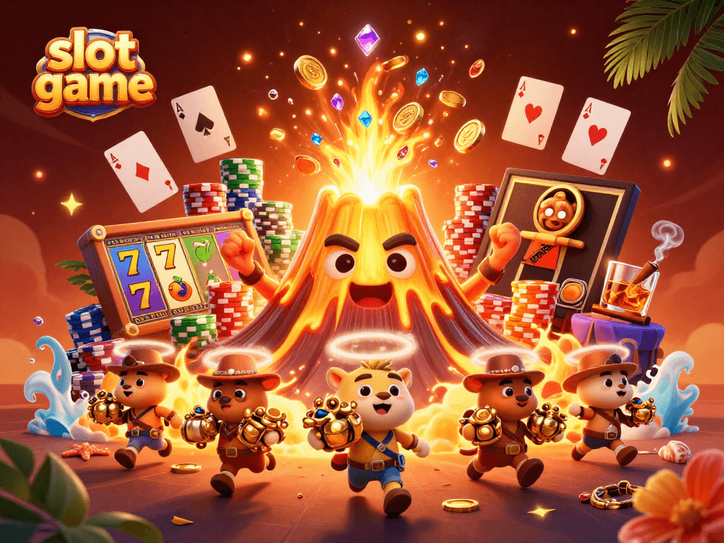 Experience the vibrant slot game with a golden volcano amidst treasures and dynamic casino elements.