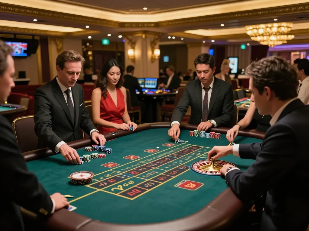 Pemain yang terlibat dengan meja roulette yang cerah di kasino paris888, menunjukkan permainan yang dinamis dan penuh semangat.