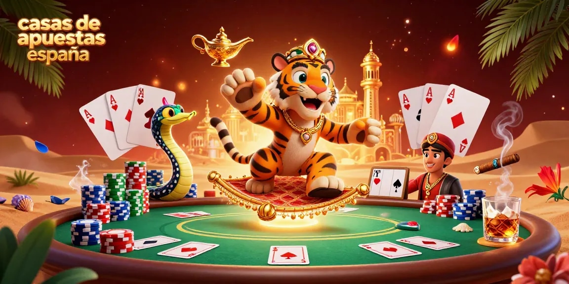 Apuesta en casas de apuestas en España con un sultán tigre y elementos de casino en un paisaje desértico.