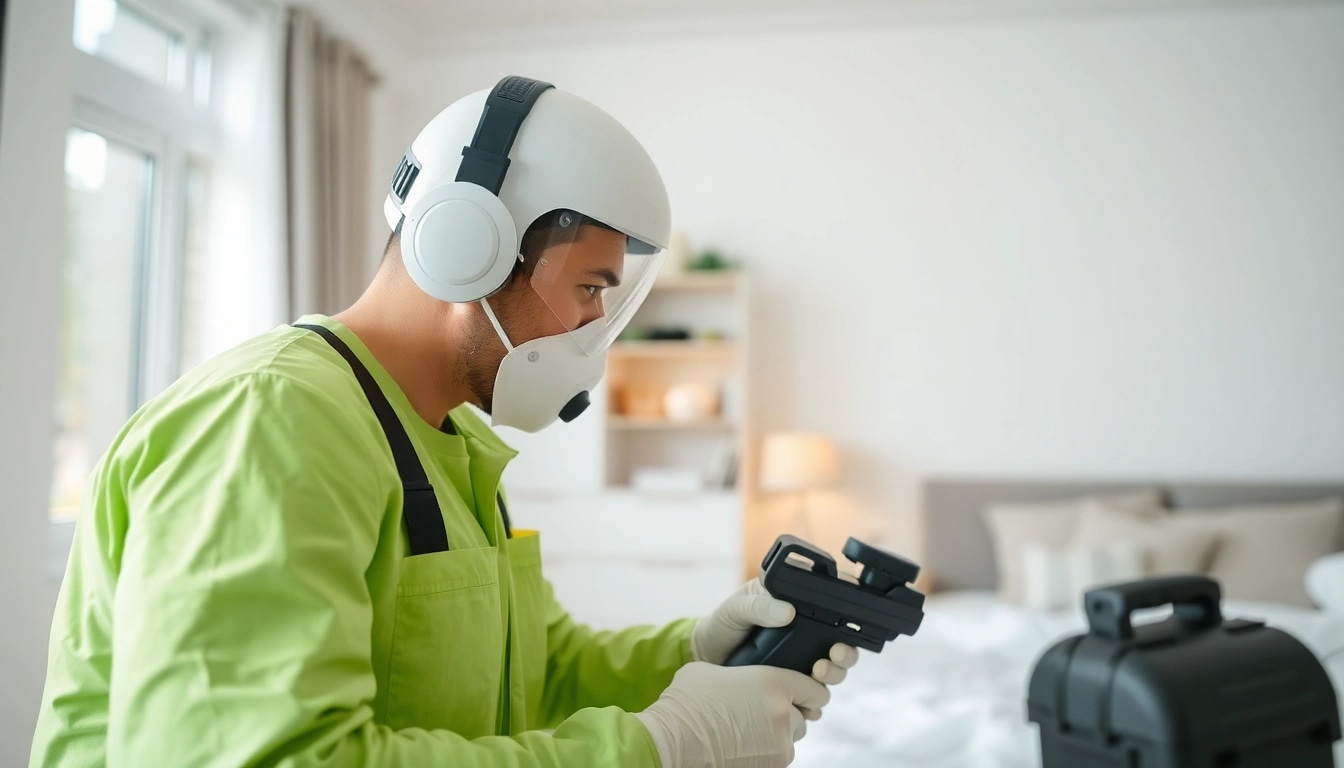 Bed bug extermination services performed by a professional technician in a modern home.
