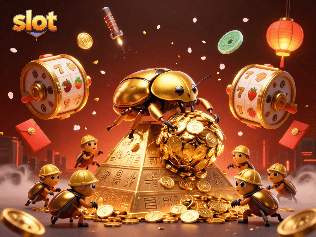 Engage with slot games featuring golden coins, colorful symbols, and festive elements in a dynamic casino scene.