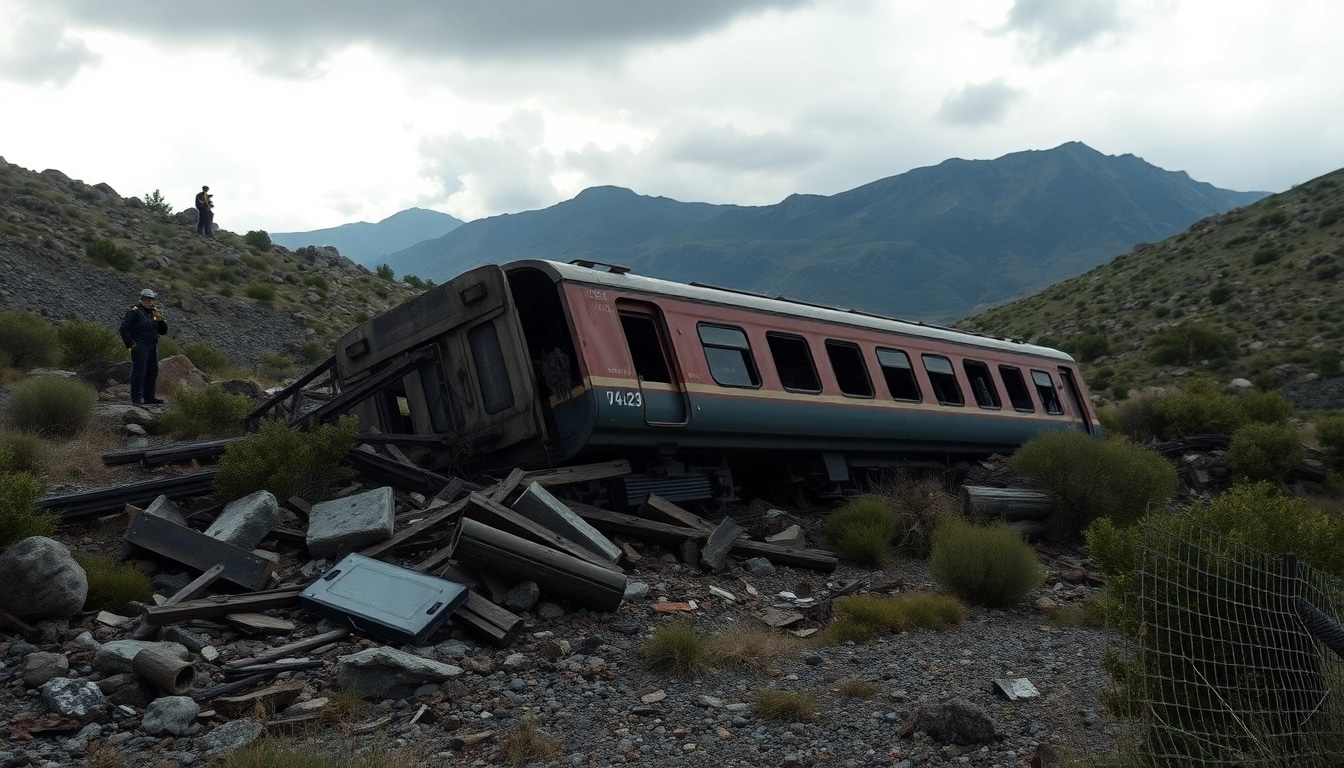 Emergency responders at the spain train crash site amidst a derailed train in a rugged landscape.