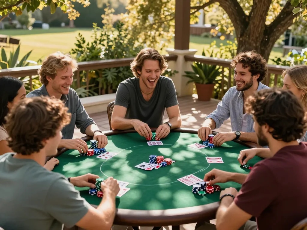 Friends enjoy vibrant outdoor poker game with jae888 branding, showcasing lively gameplay under the sun.