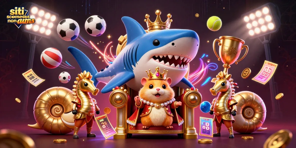 Scommetti su siti scommesse non aams con un re hamster d'oro e guardie di cavallucci marini in un'illustrazione vivace.