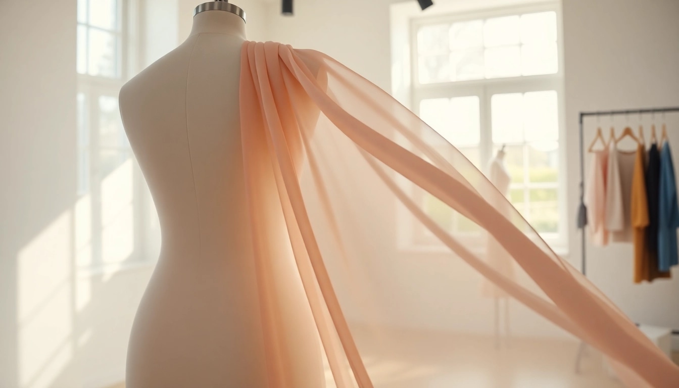 Chiffon stof elegant gepresenteerd over een paspop in een modieuze studio.