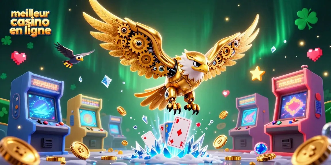 Explorez les jeux au meilleur casino en ligne avec une illustration dynamique de machines et jeux de casino.