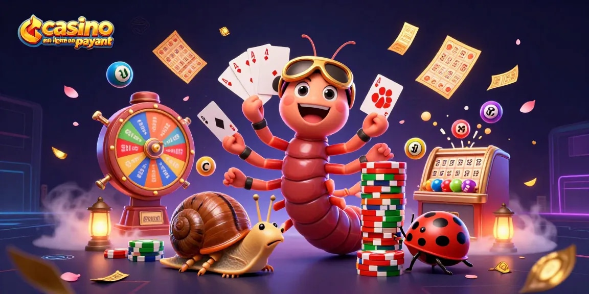 La scène dynamique montre des personnages et des éléments de casino, mettant en avant le casino en ligne le plus payant avec des cartes et des jetons.