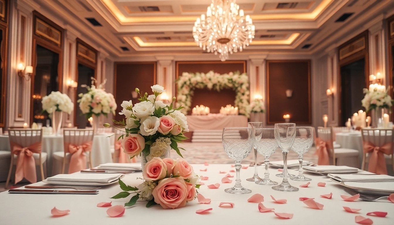 Beautifully arranged Wedding Event Space Jacksonville with elegant décor and ambient lighting.