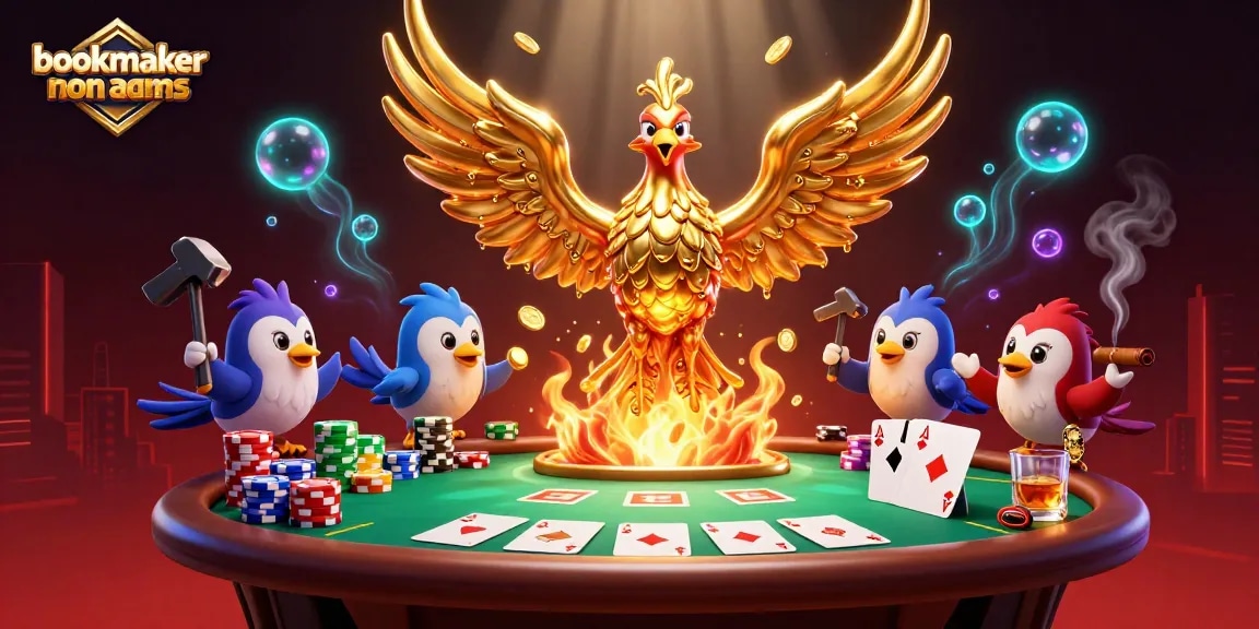 Una scena dinamica di bookmaker non AAMS con un pavone d'oro e tavoli da gioco pieni di chip e carte.