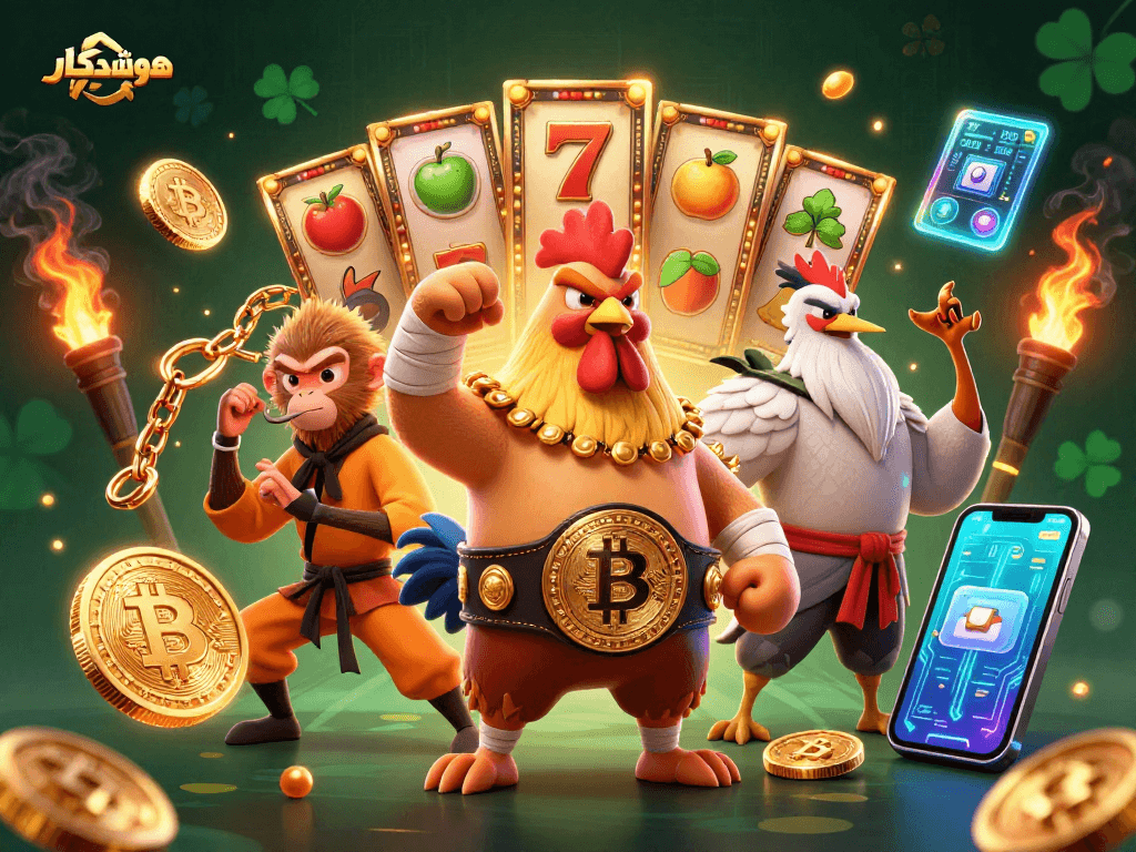 Engage in thrilling gameplay with هوشمندکار's vibrant cartoon scene featuring characters and colorful slot elements.