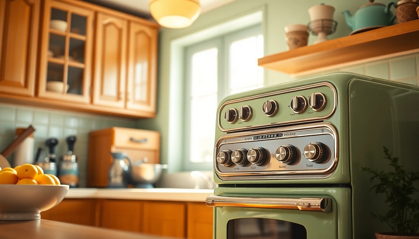 Retro Oven showcased in a bright, vintage kitchen with charming decor and fresh herbs.