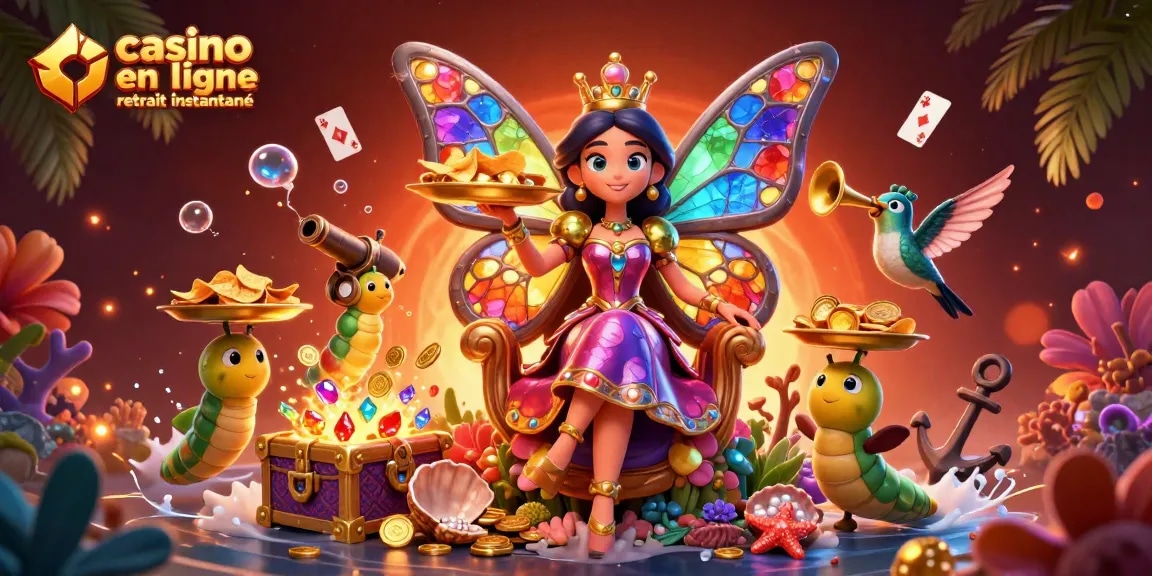 Profitez du casino en ligne retrait instantané avec des éléments de jeu entourant une reine papillon magique.
