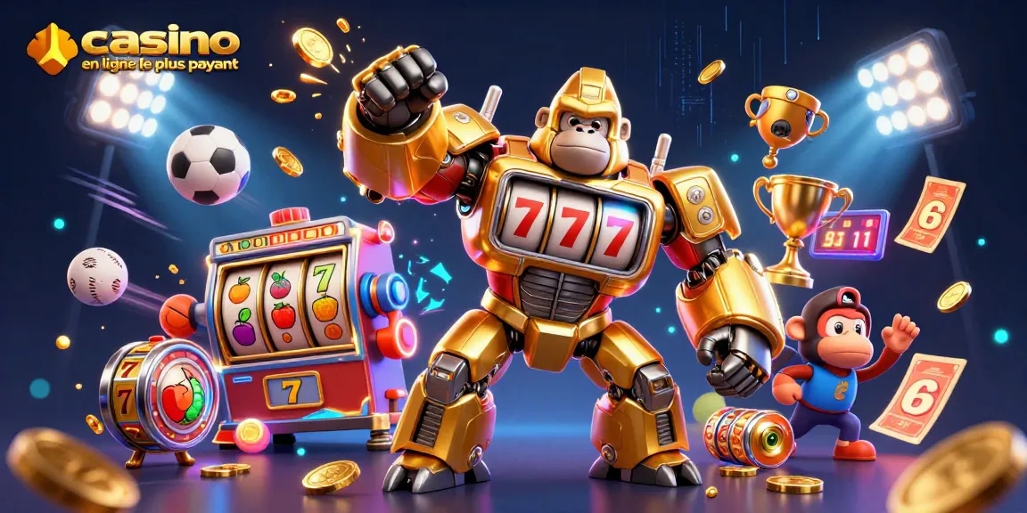 Illustration captivante de casino en ligne le plus payant présentant un gorille mech vainqueur entouré d'éléments de jeu.