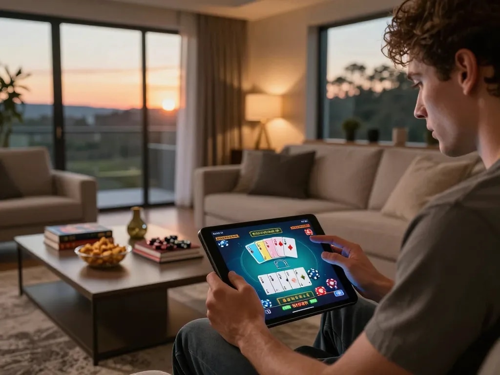 Player enjoying online blackjack on a tablet showcasing nk88e strategy and engagement in a cozy home.