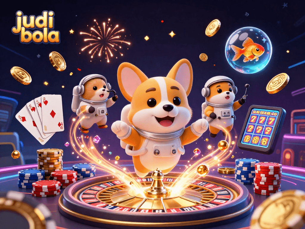Experience judi bola excitement with a 3D astronaut corgi amid floating casino elements and vibrant colors.