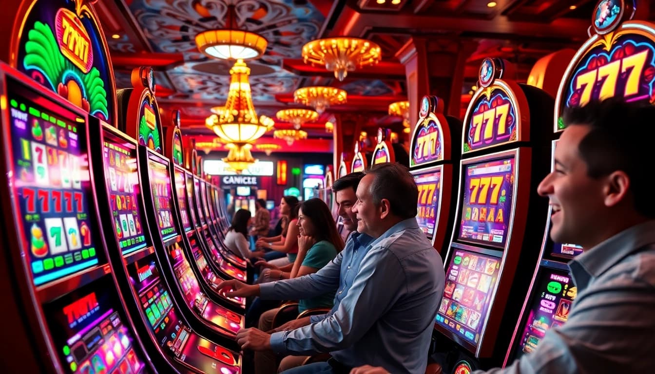 Players enjoying the slot 777 experience in a vibrant, lively casino atmosphere.