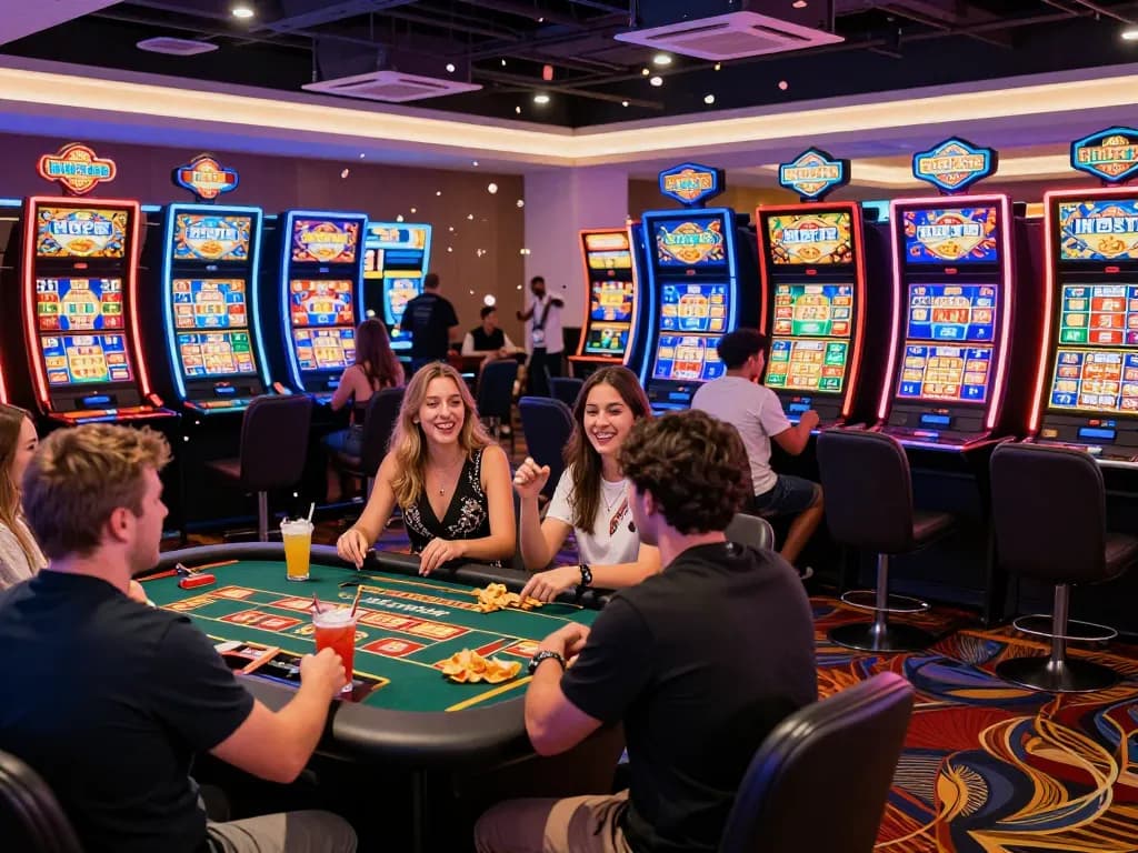 Exciting casino hubet88 scene capturing players celebrating wins at vibrant gaming tables and slot machines.