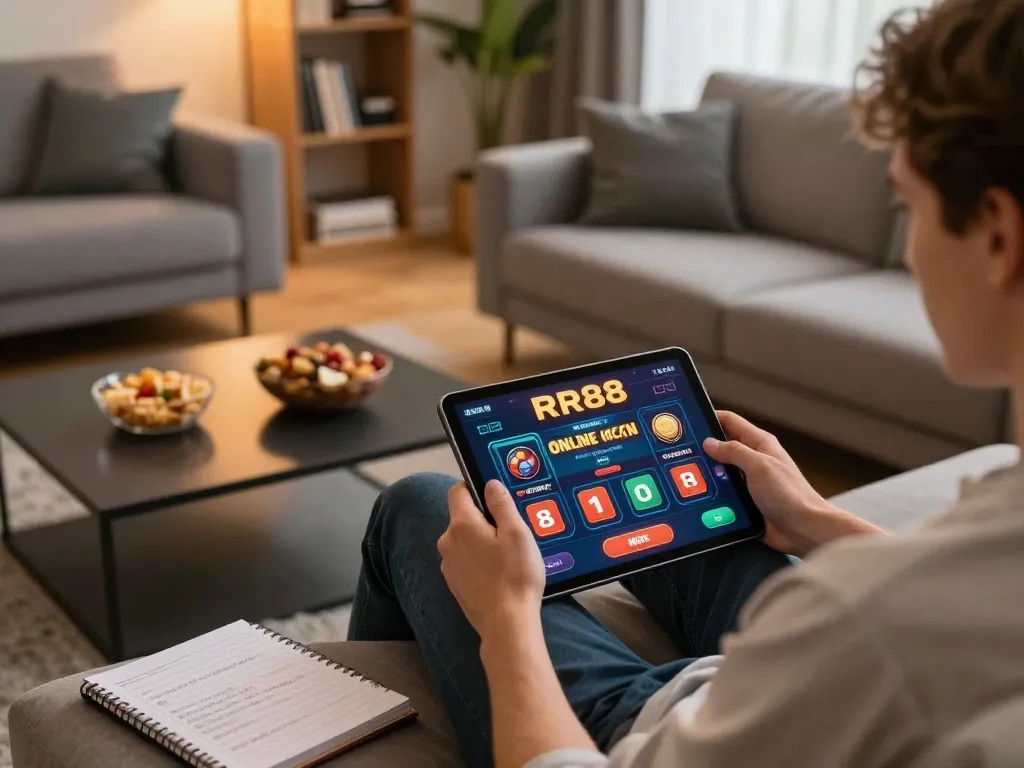 Engaging online gaming moment at https://rr88k1.com/ with a player using a tablet, showcasing strategic betting actions.