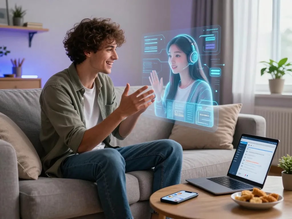 AI girlfriend hologram interaction showcasing a young man engaged in cozy chat.