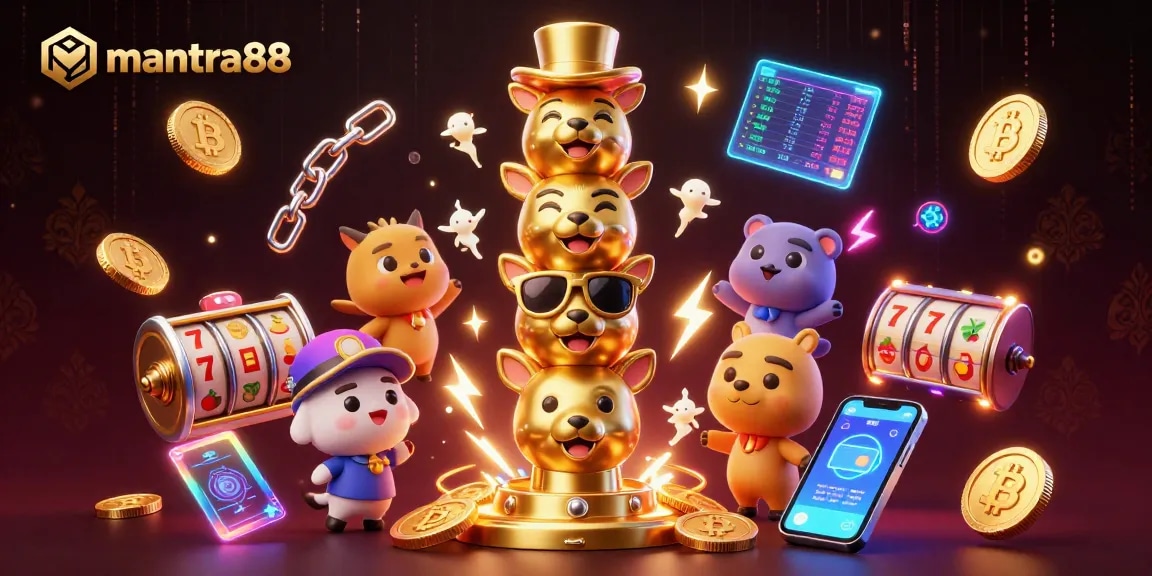 Experience winning action with mantra88 in a vibrant casino scene featuring a totem pole and crypto elements.