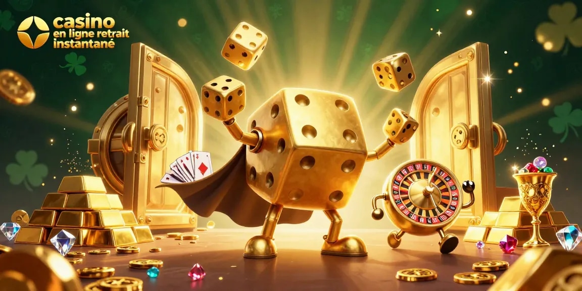 Illustration captivante de casino en ligne retrait instantané, avec un golem de dés et des éléments de jeu riches.