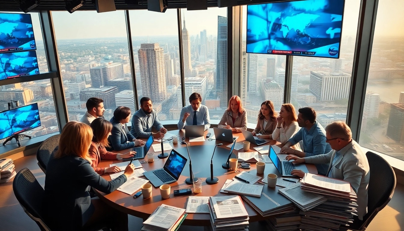 Journalists reporting breaking news in a vibrant newsroom environment.