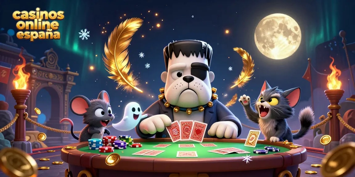 Ilustre la emoción en casinos online España con un bulldog Frankenstein y un gatito hombre lobo en acción.
