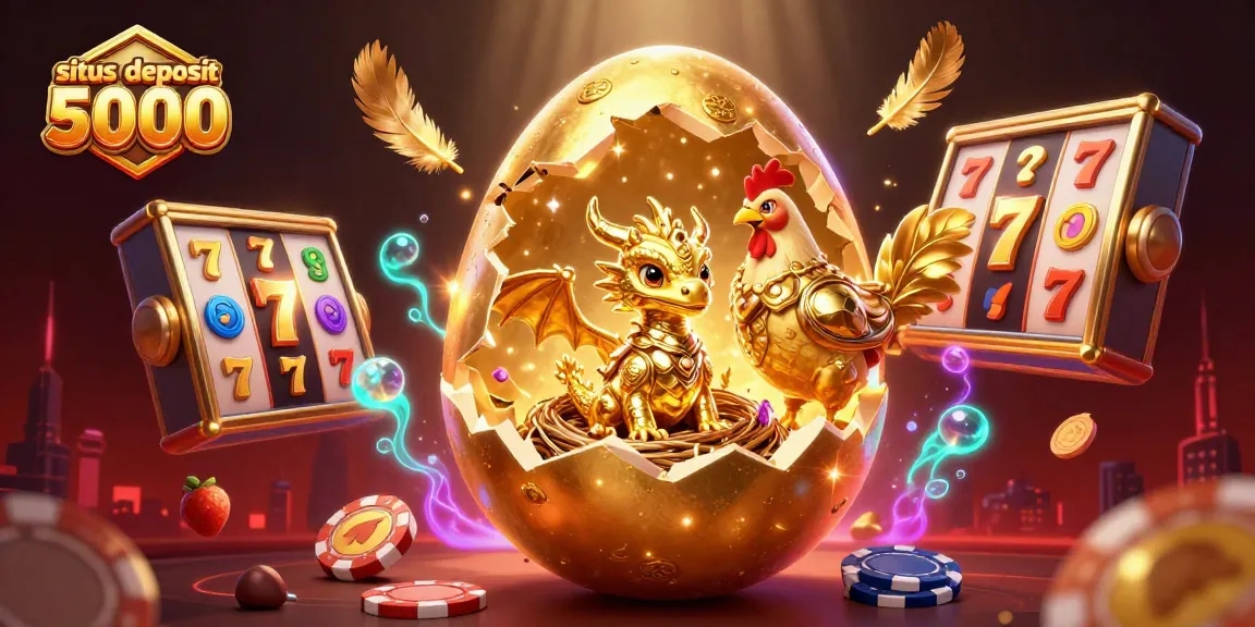 Play exciting games at situs deposit 5000 with golden dragon and slot elements in a vibrant scene.