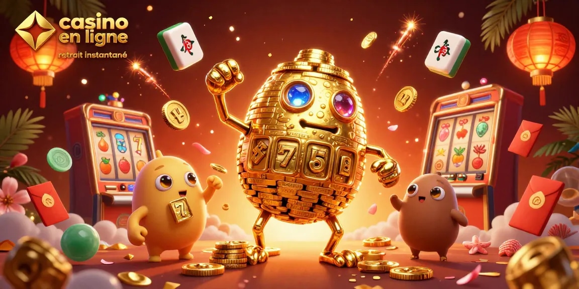 Jouez dans un casino en ligne retrait instantané avec ce golem doré entouré de chance et de symboles gagnants.