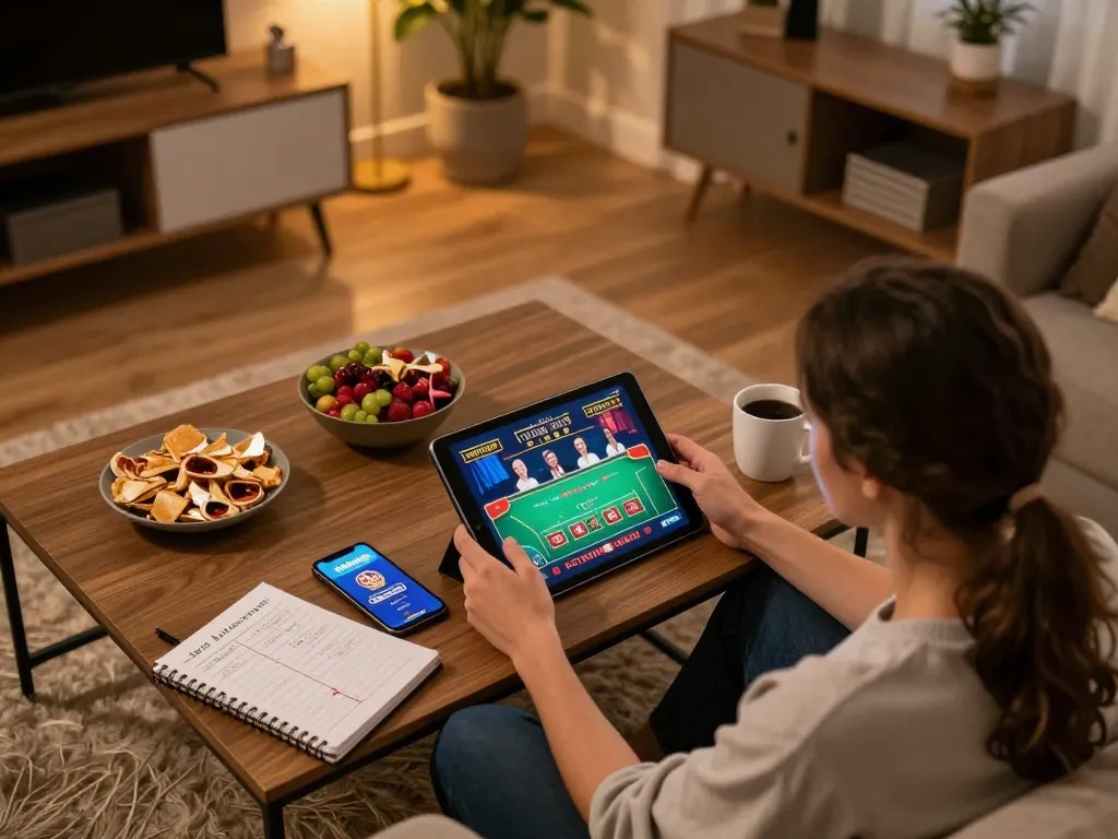 Engage with paris888 in a cozy home gaming setup showcasing online casino gameplay and strategic notes.
