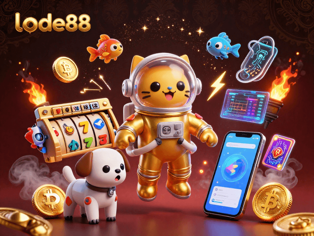 Engage with lode88: A vibrant scene featuring a golden astronaut cat and elements of casino jackpots.
