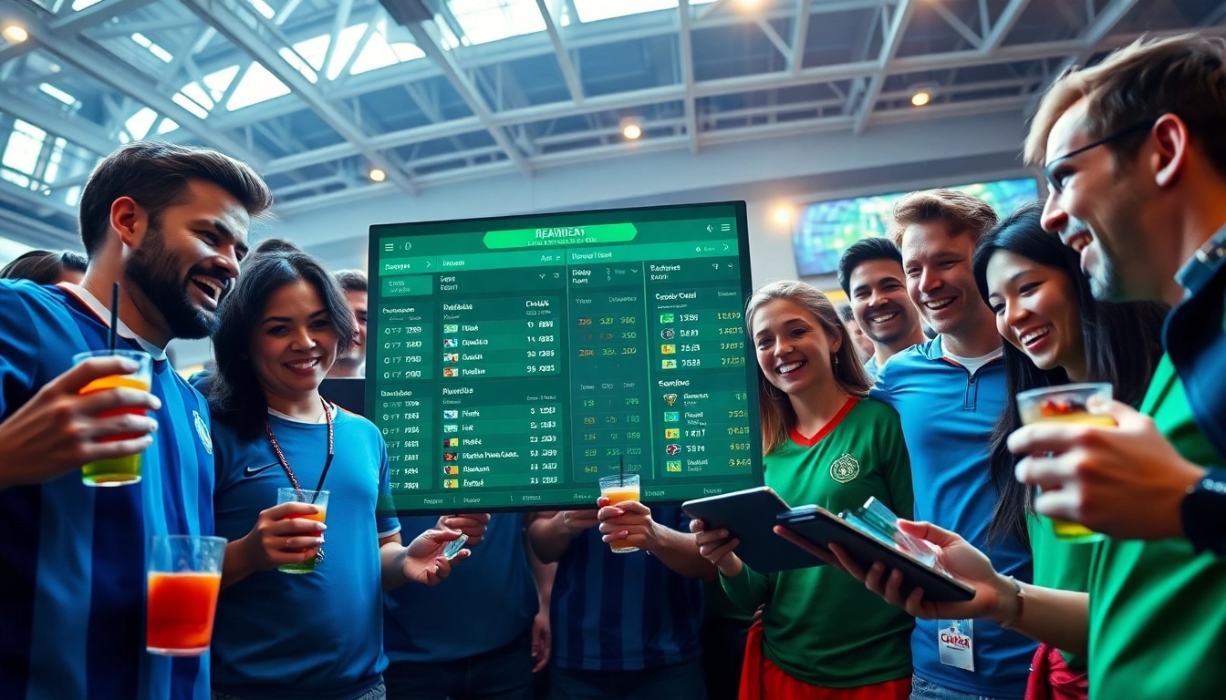 Dynamic soccer betting scene showcasing tỷ lệ kèo with enthusiastic fans engaging with real-time betting odds.