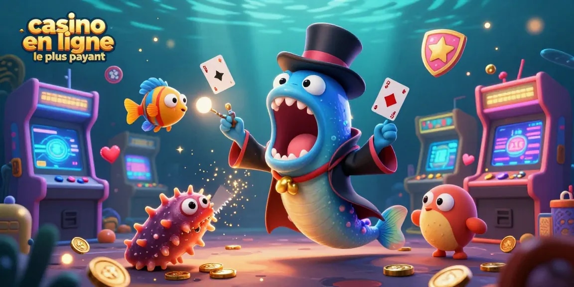 Découvrez l'illustration d'un casino en ligne le plus payant avec un poisson angler et un morse cartoon.
