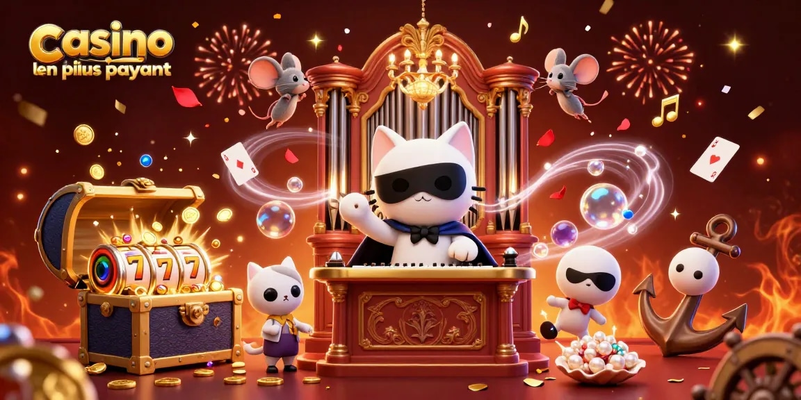 Visualisez le casino en ligne le plus payant avec un chat masqué et un acrobate souris au-dessus d'un orgue de casino.