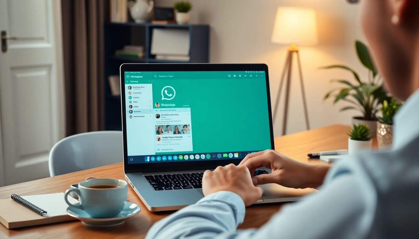 在舒适的工作区中,使用现代笔记本电脑体验 WhatsApp Web 的用户。