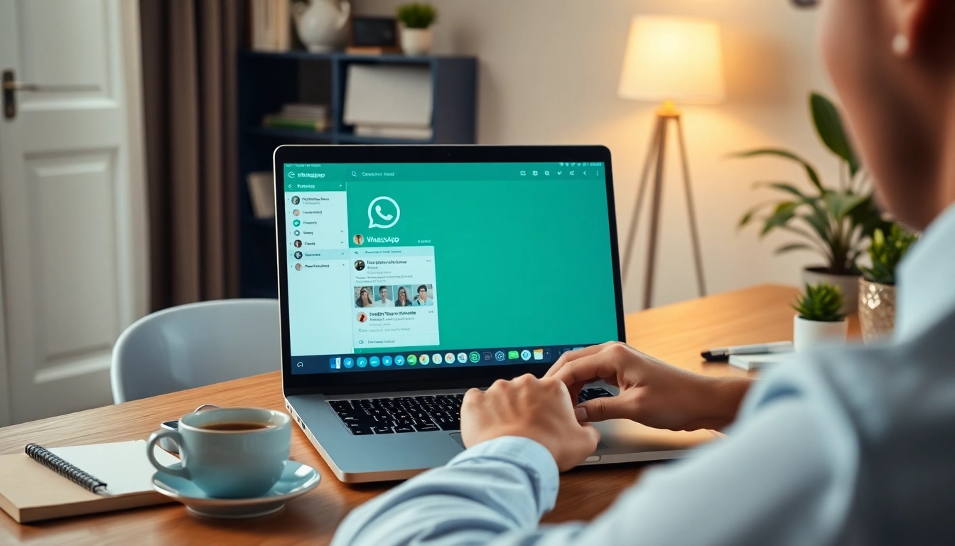 在舒适的工作区中,使用现代笔记本电脑体验 WhatsApp Web 的用户。