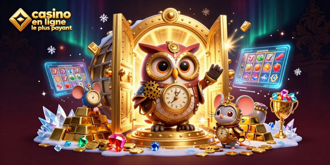 Un dessin représentant le casino en ligne le plus payant avec une chouette steampunk et une souris, entourés de richesses scintillantes.