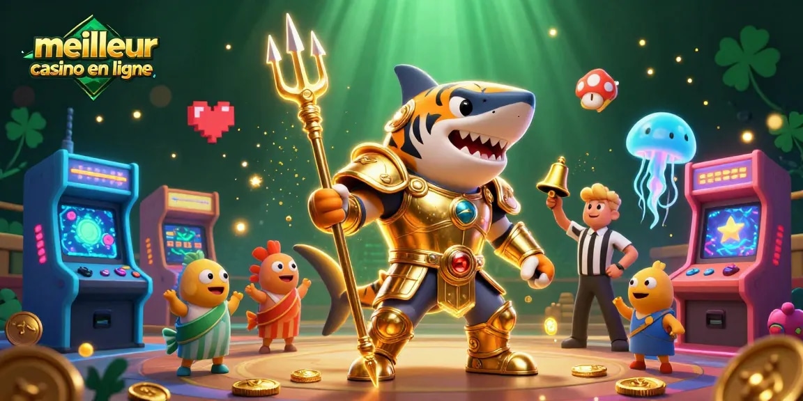 Découvrez le meilleur casino en ligne dans une scène vibrante avec un requin tigre gladiateur et des éléments de jeu dynamiques.