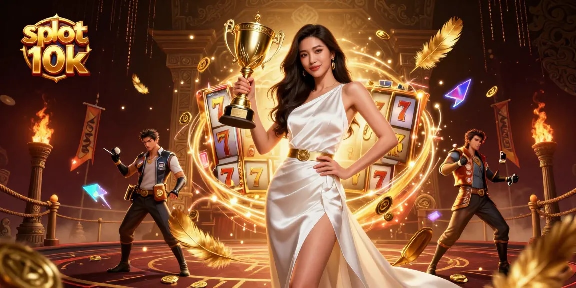 Spin to win with slot 10k reels and a triumphant player holding a trophy cup