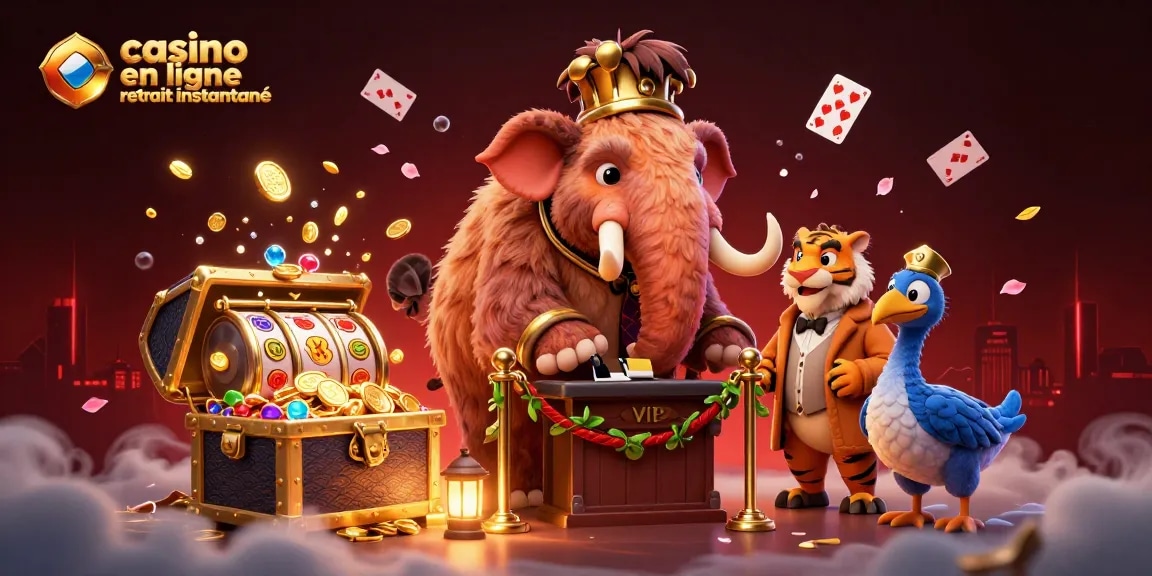 casino en ligne retrait instantané : animation d'un mammouth bouncer et d'un VIP dans un casino vibrant