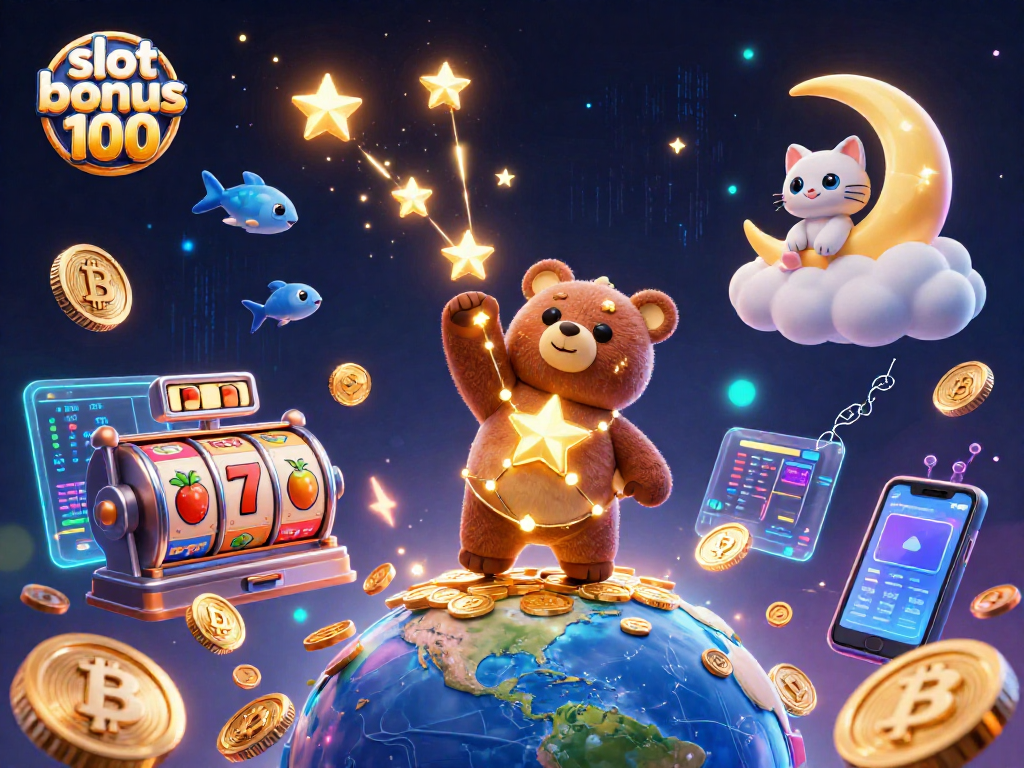 Experience winning with the slot bonus 100 in this vibrant casino scene featuring lucky symbols and dynamic elements.