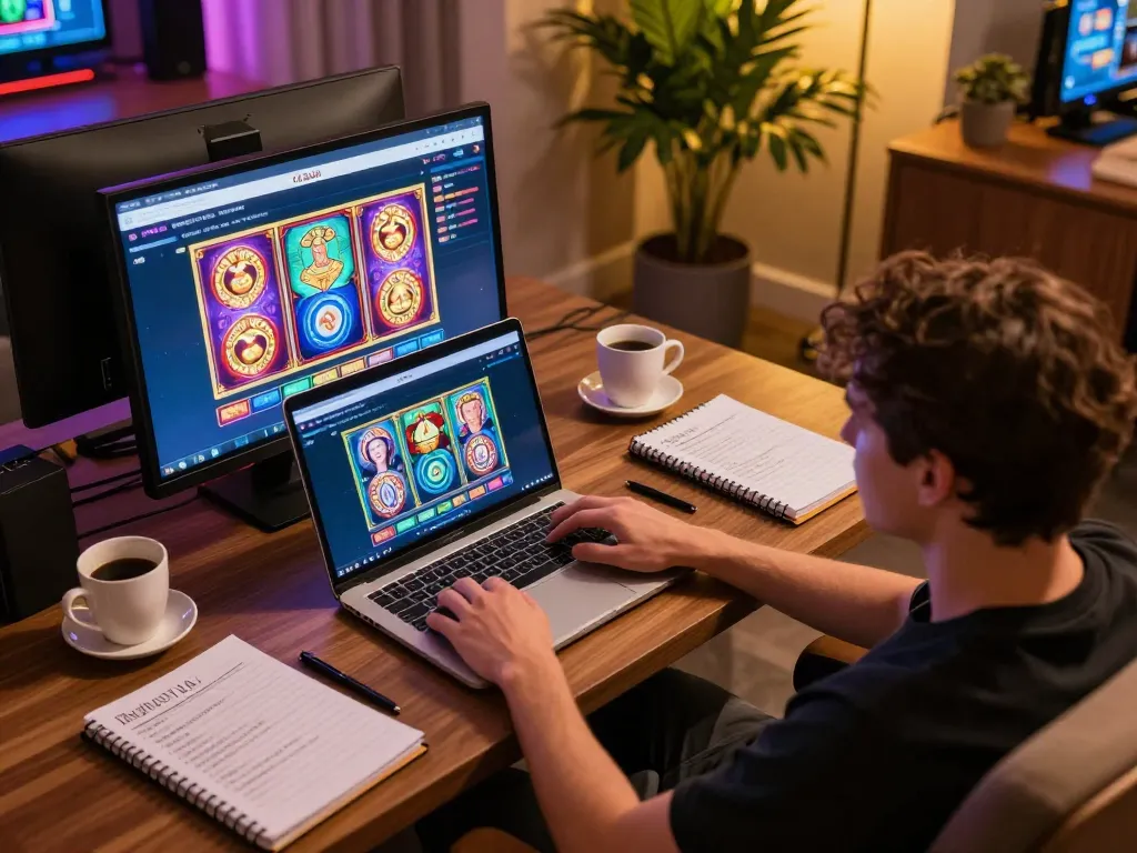 Player strategically analyzing options on FAFA828's online gaming platform from a cozy home setup