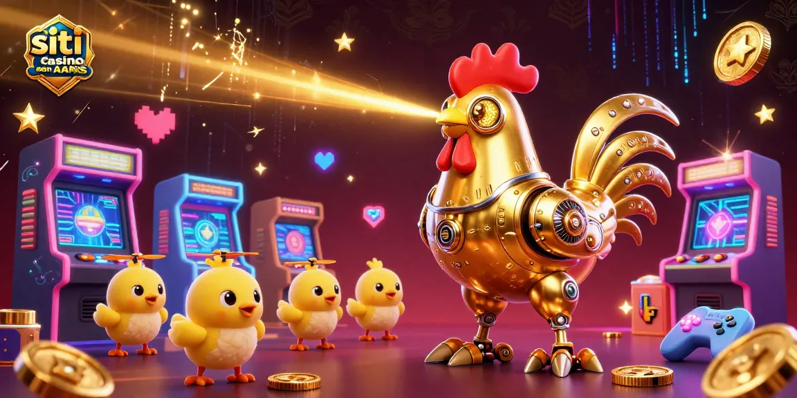 Scopri i siti casino non AAMS con un'entusiasmante scena di gioco e un robot gallo d'oro.