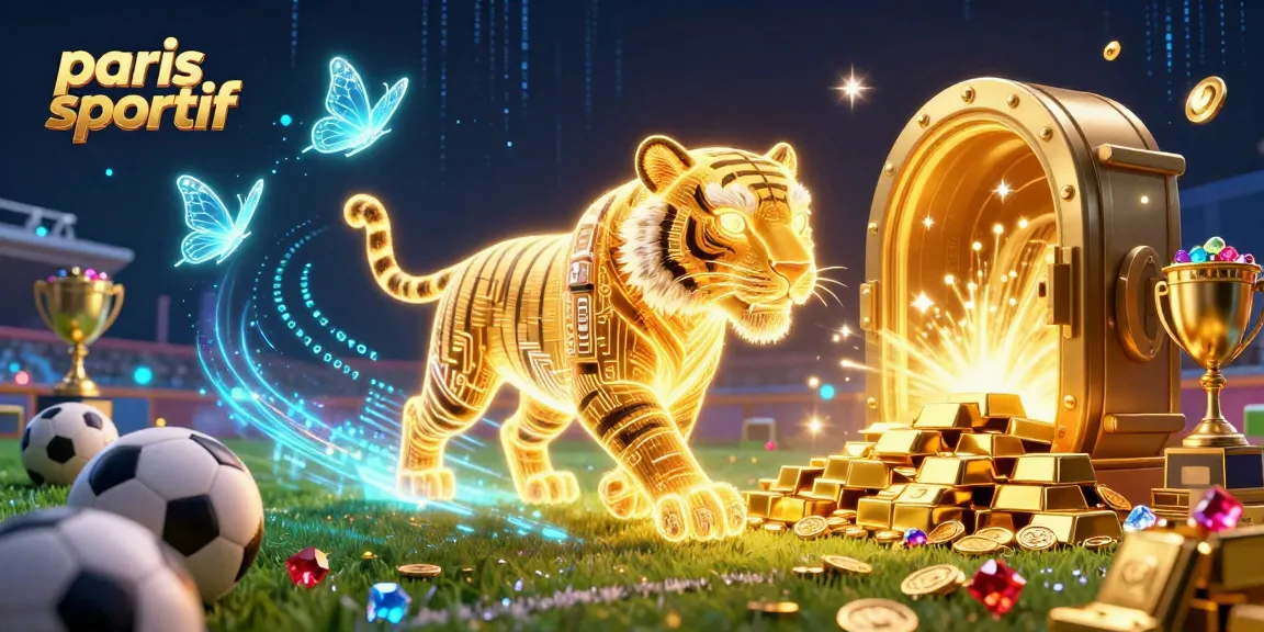 Visualisez un tigre doré dans une illustration 3D pour paris sportif, entouré d'éléments de jeu dynamique.